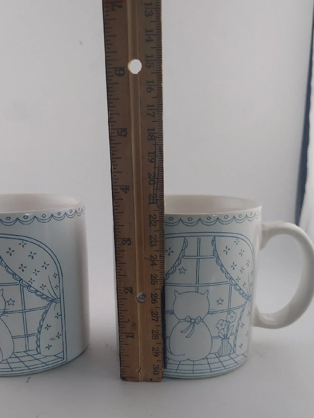 Vintage White Mugs with Light Blue Cat Print - Set of 2